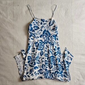 Moda International Blue Floral Silk Slip Dress Midi Spagehtti Straps Size 2